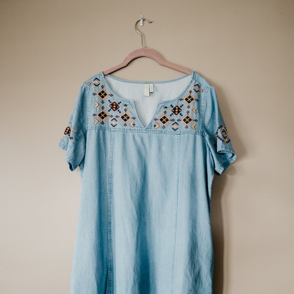 Soft Denim Dress with Embroidery & Pockets!